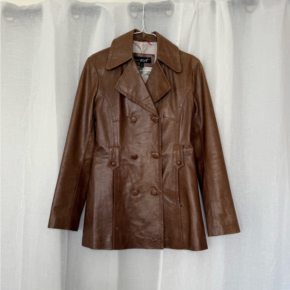 Vintage Y2K Brown Leather Peacoat Jacket - Picture 3 of 8
